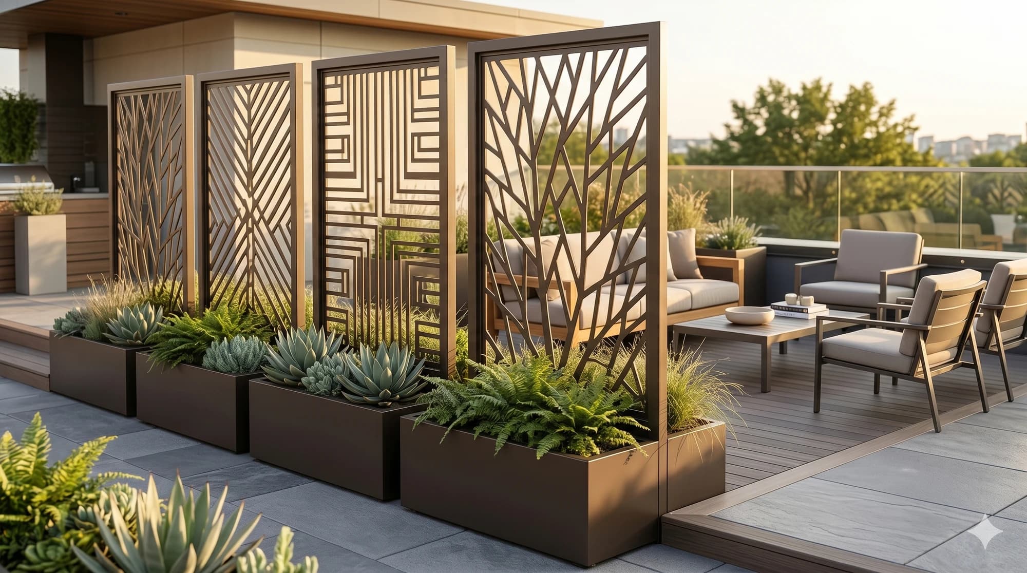 Planter-mounted privacy screen on a residential terrace.