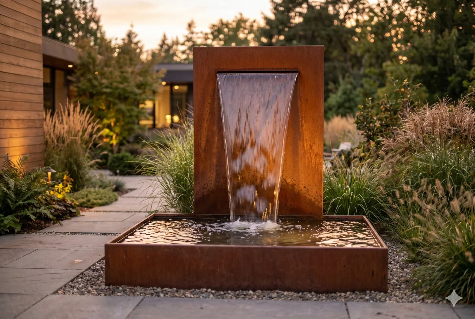 Custom metal fountain face on a garden water feature.