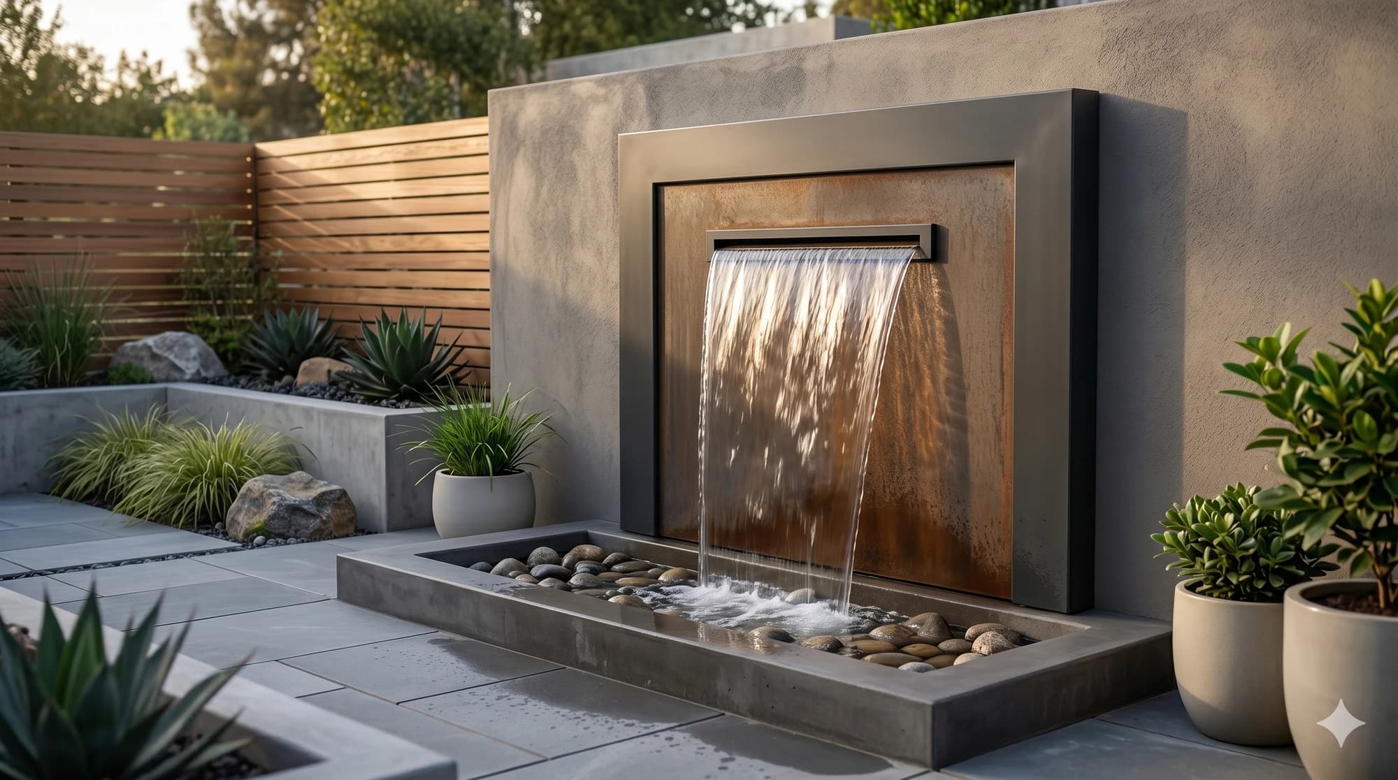 Custom metal fountain face panel on a garden water feature.