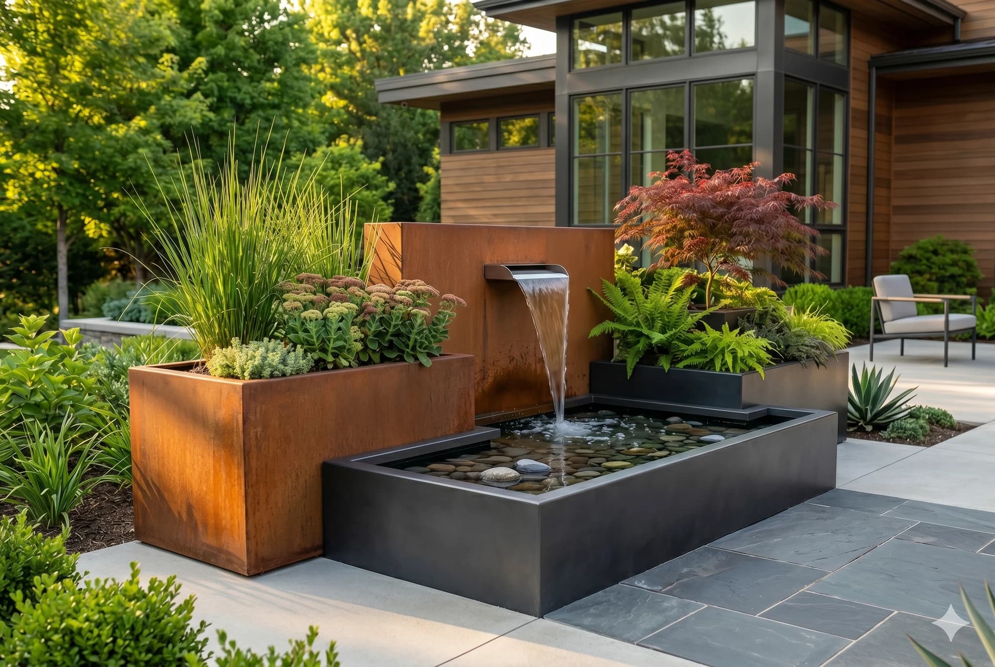 Coordinated metal planter and water-feature set as an outdoor focal point.