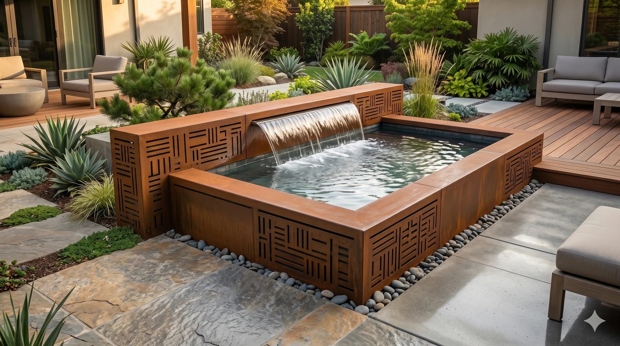 Decorative metal surround panel cladding a garden water feature.