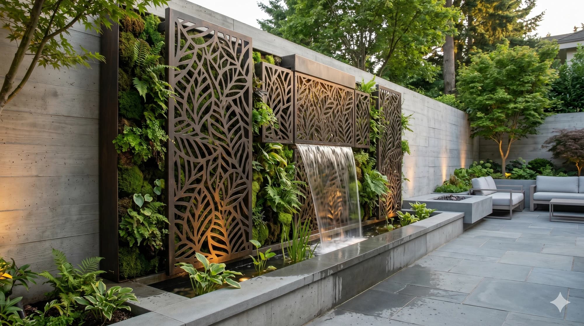 Decorative metal backdrop panel behind a garden water wall.