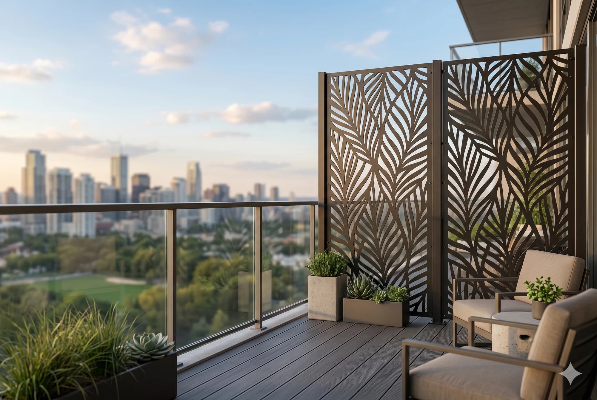 Tall decorative metal privacy screens on a balcony / rooftop terrace.