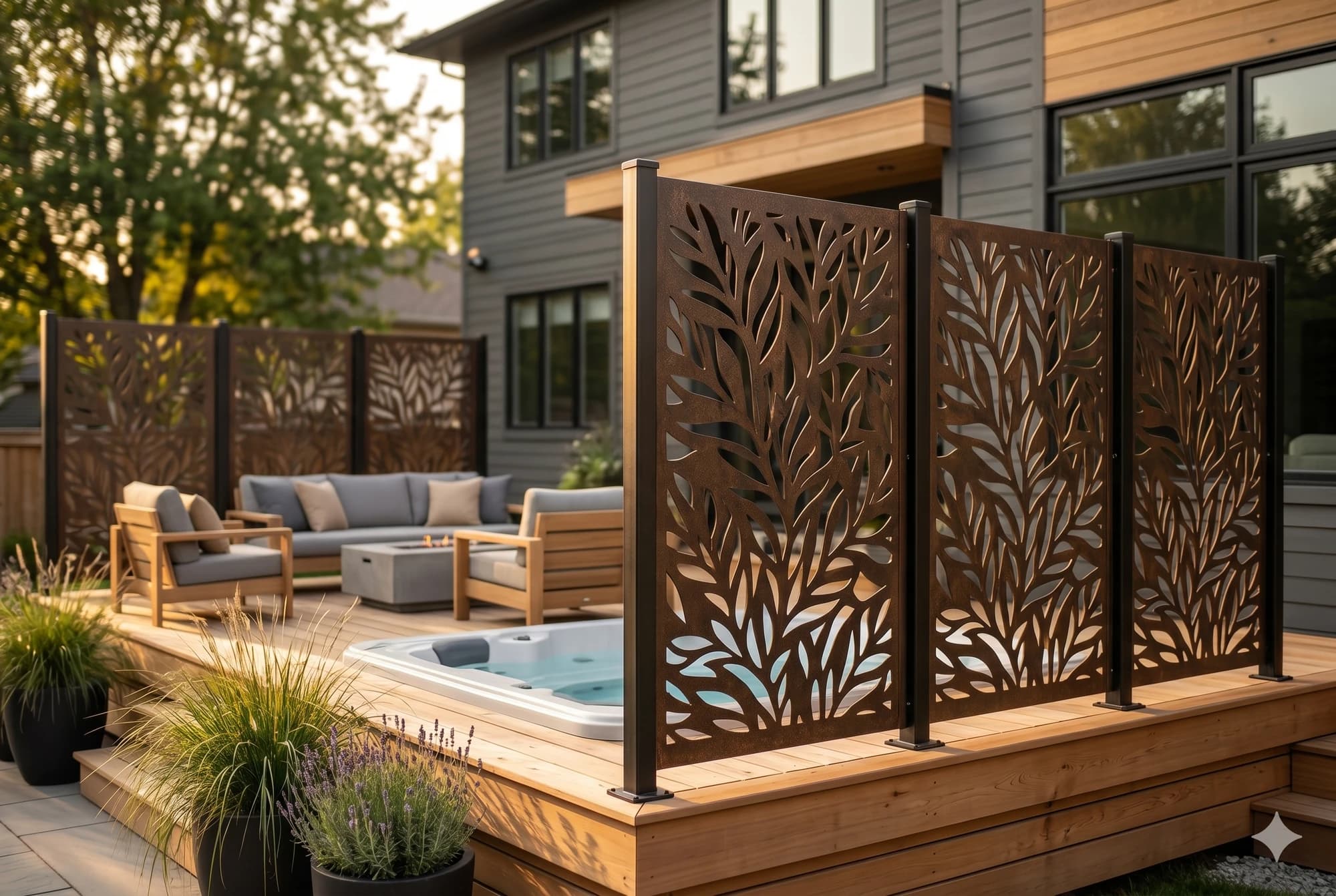 Decorative metal privacy screens beside a residential deck seating area.