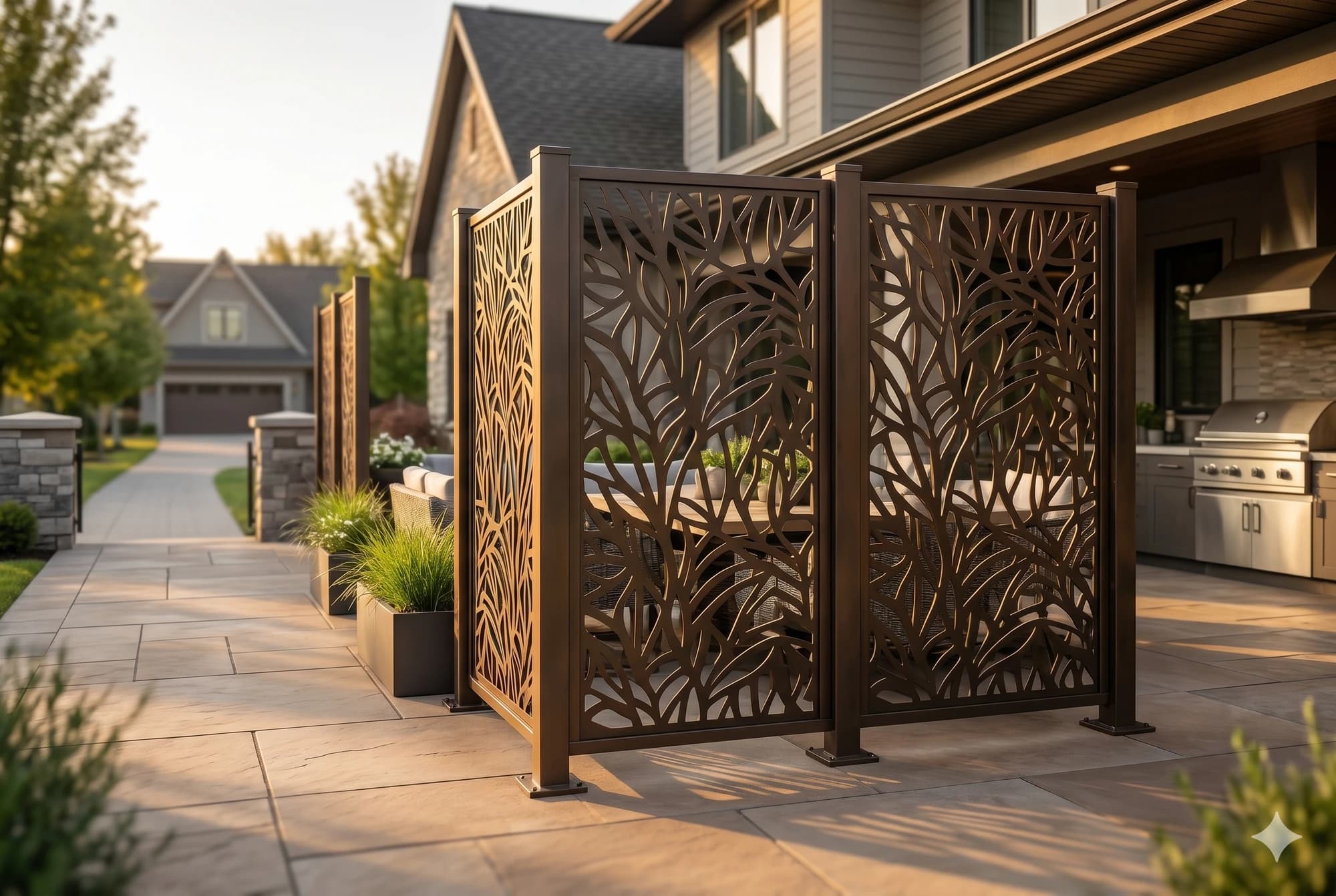 Freestanding decorative metal divider panels around an outdoor room and patio zone.