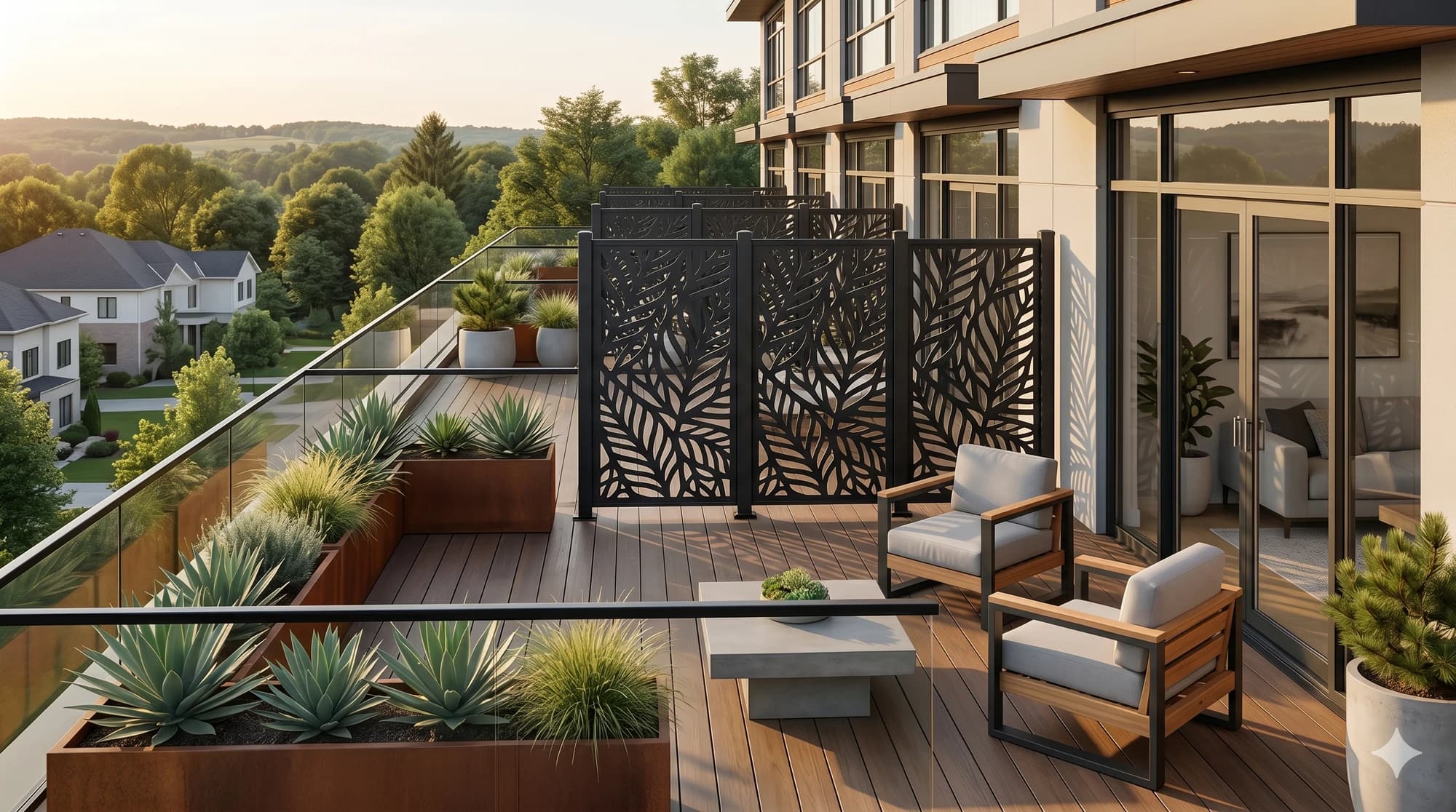 Custom metal screen panels separating outdoor dining and seating zones on a patio.