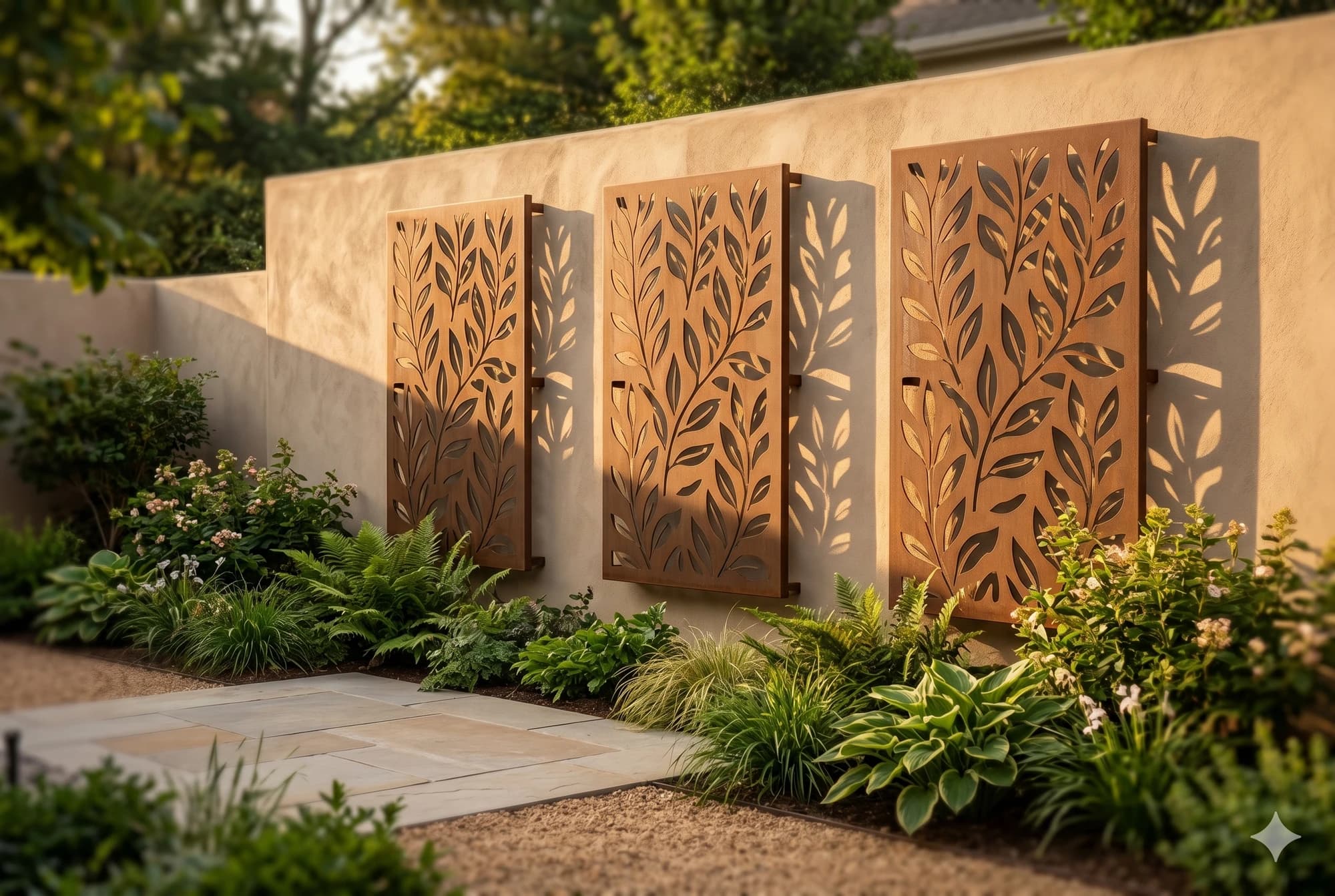 Decorative metal wall panel set into a courtyard garden wall.