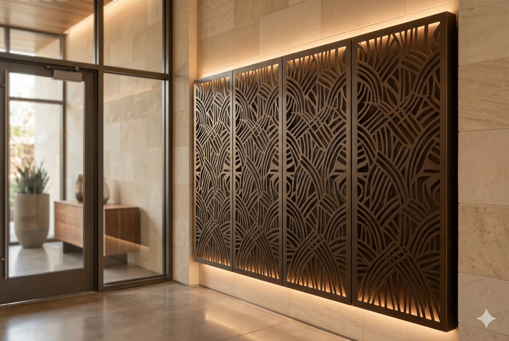 Custom decorative metal wall panel installed in an entry or lobby space.