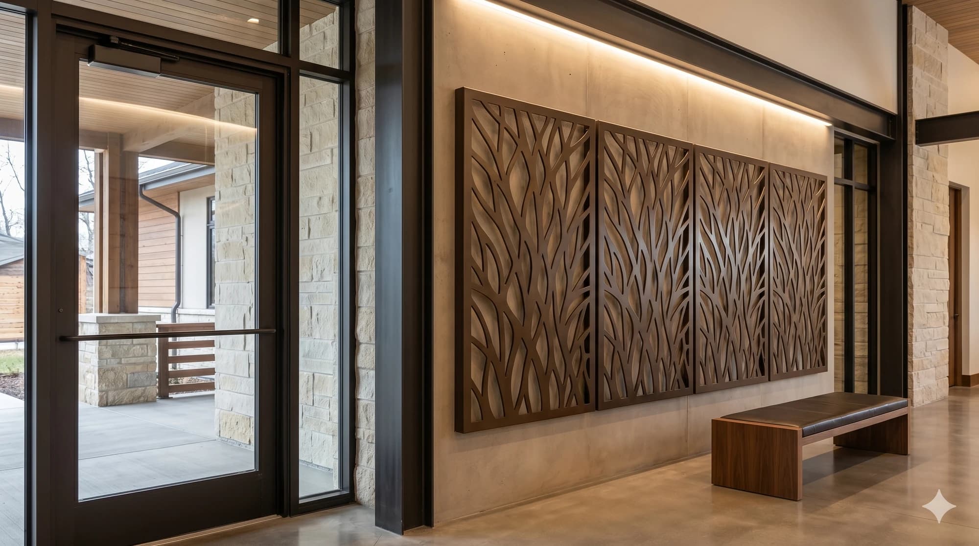Decorative metal panel used as an interior feature wall.