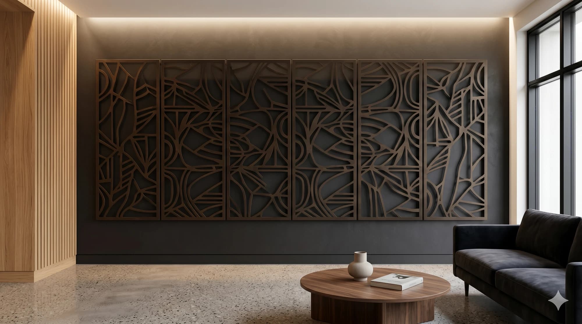 Repeating pattern-cut decorative metal accent panels on a wall.