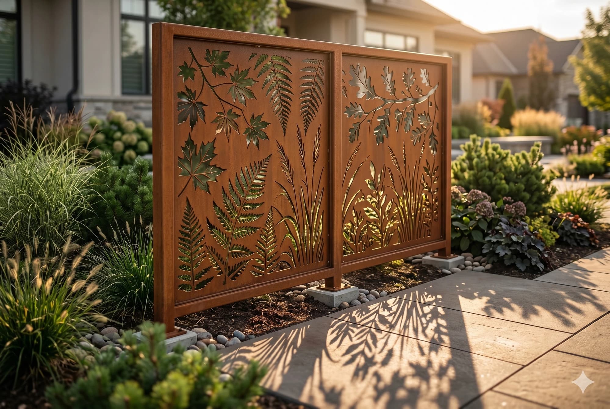Decorative metal garden divider panels with botanical leaf-cut patterns.