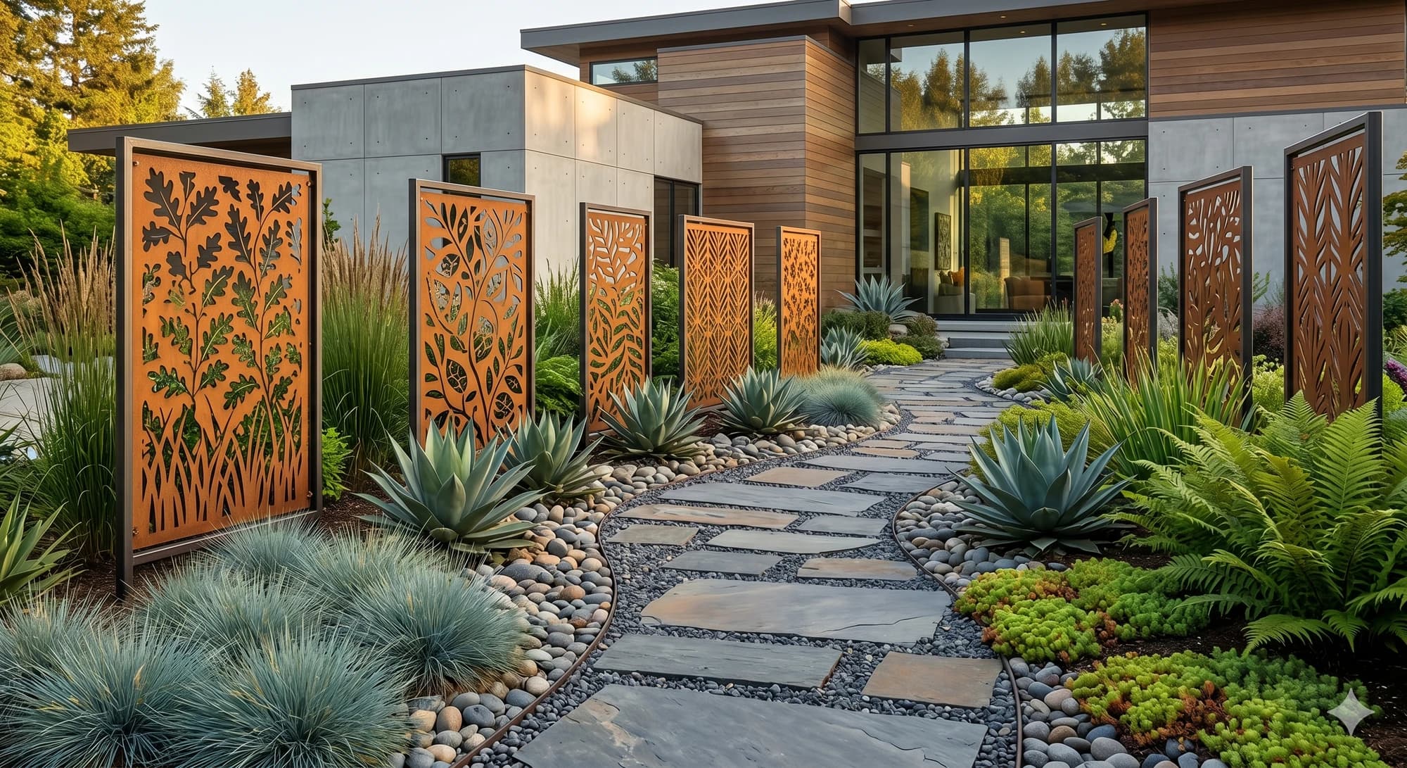 Standalone pattern-cut metal panels arranged along a landscaped courtyard.