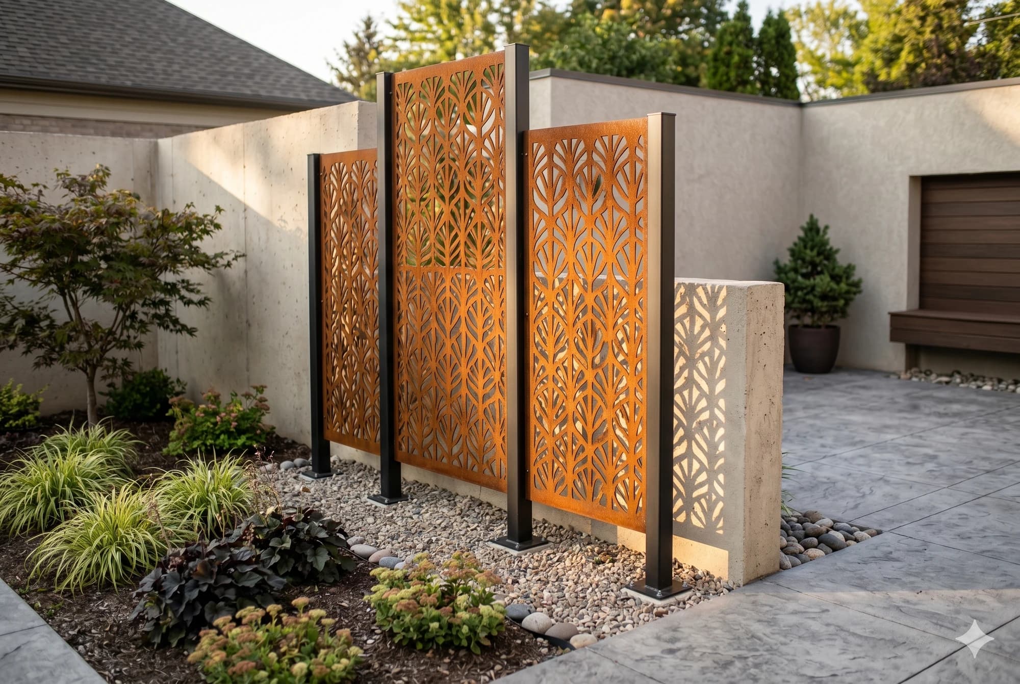 Freestanding decorative metal panels mounted between posts in a gravel garden bed.