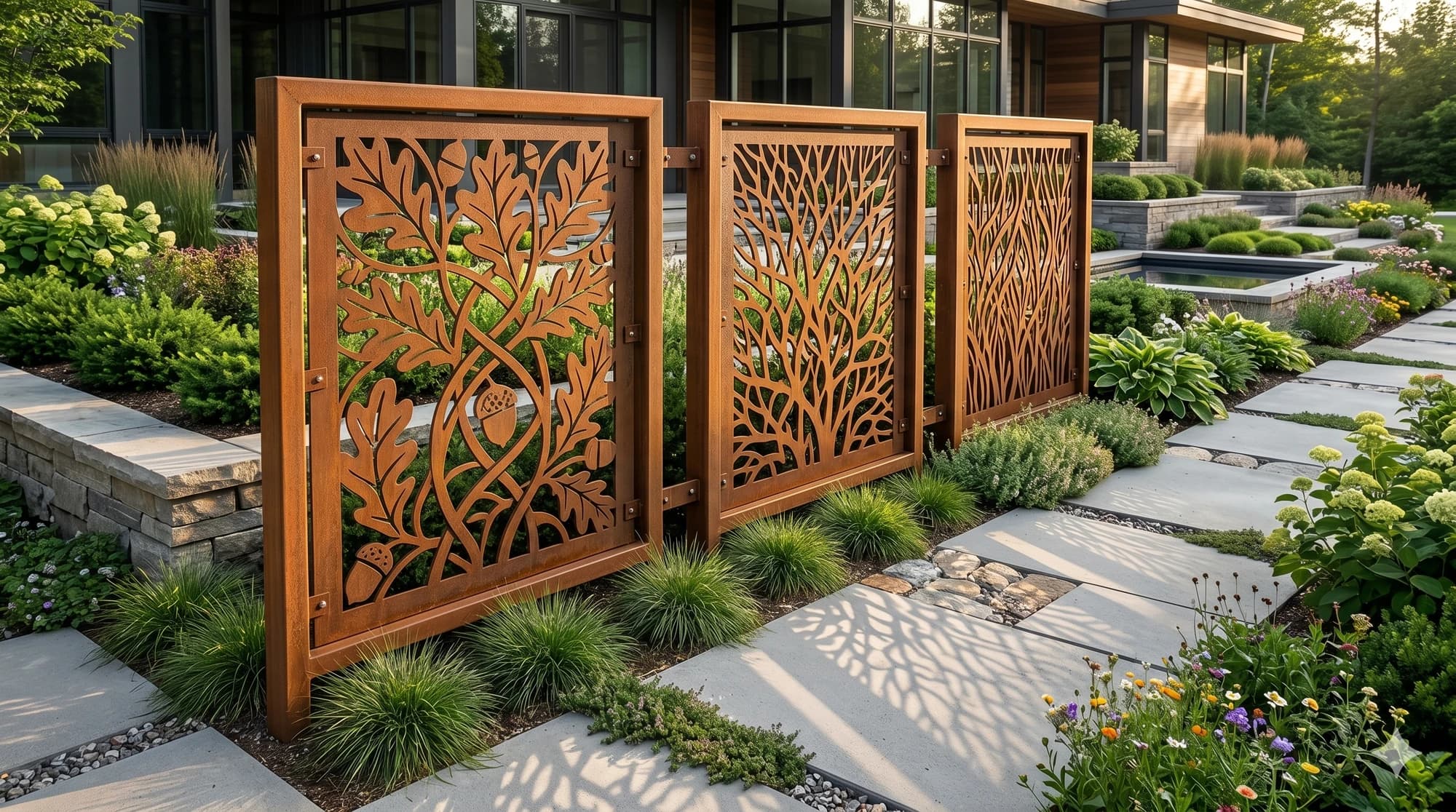 Freestanding decorative metal panels along a garden pathway.