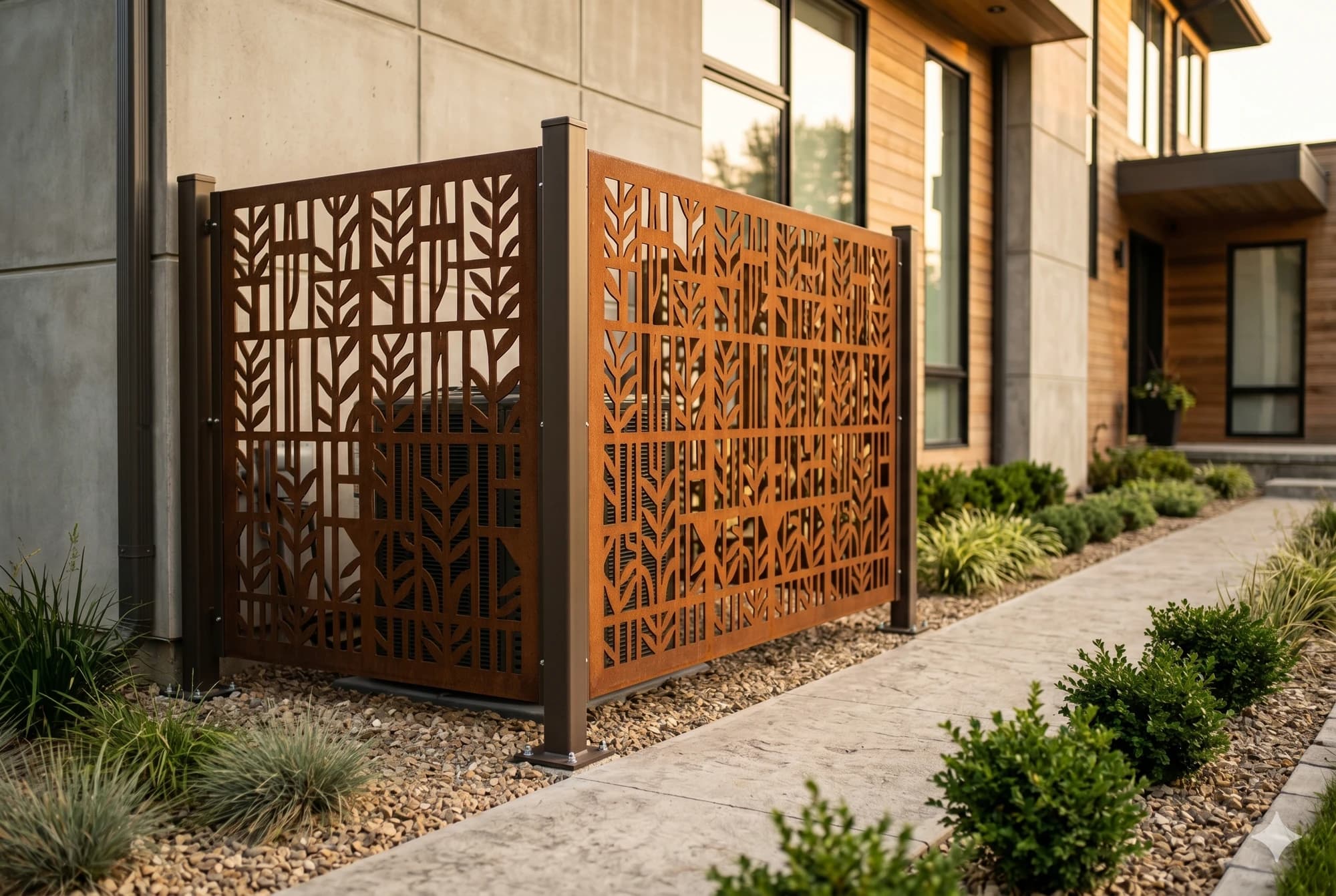 Airflow-friendly metal screening panel concealing an outdoor HVAC condenser unit.