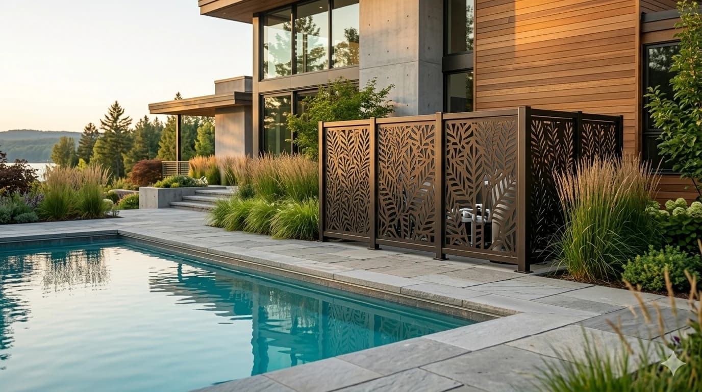 Decorative metal screen concealing pool pumps and filters beside a residential pool area.