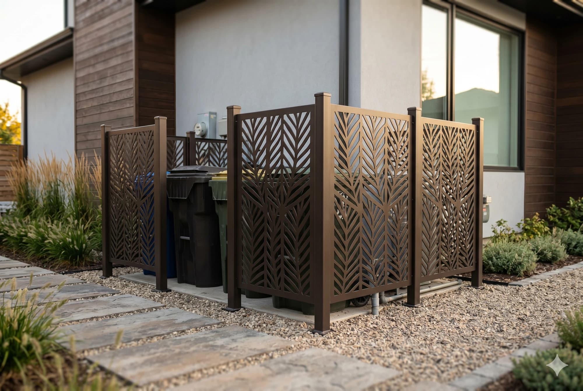 Coordinated metal screening set concealing a residential utility area.