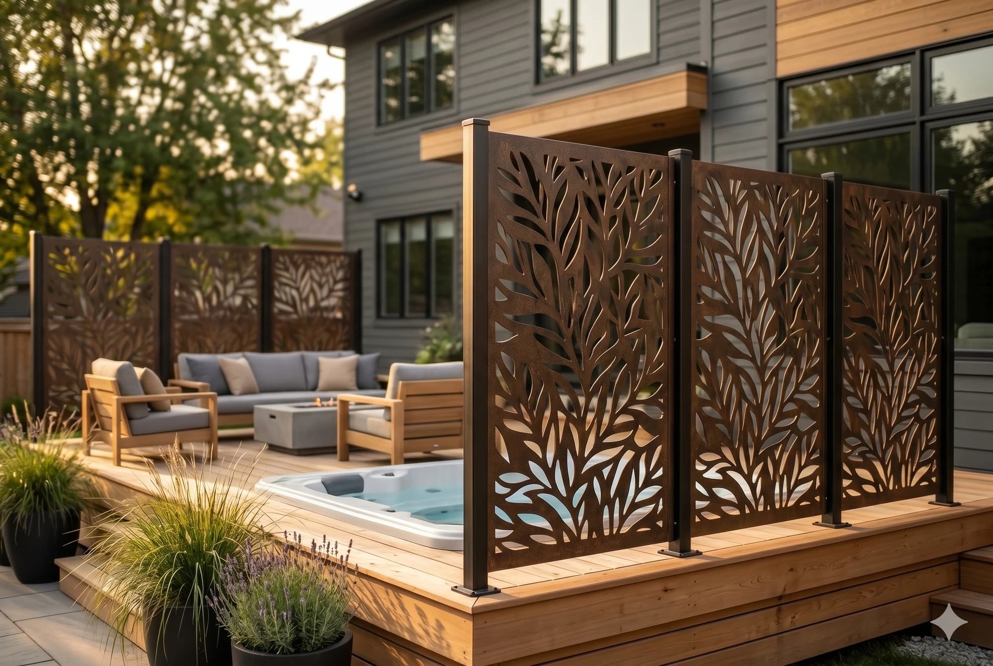 Decorative metal privacy screen panels on a residential deck.