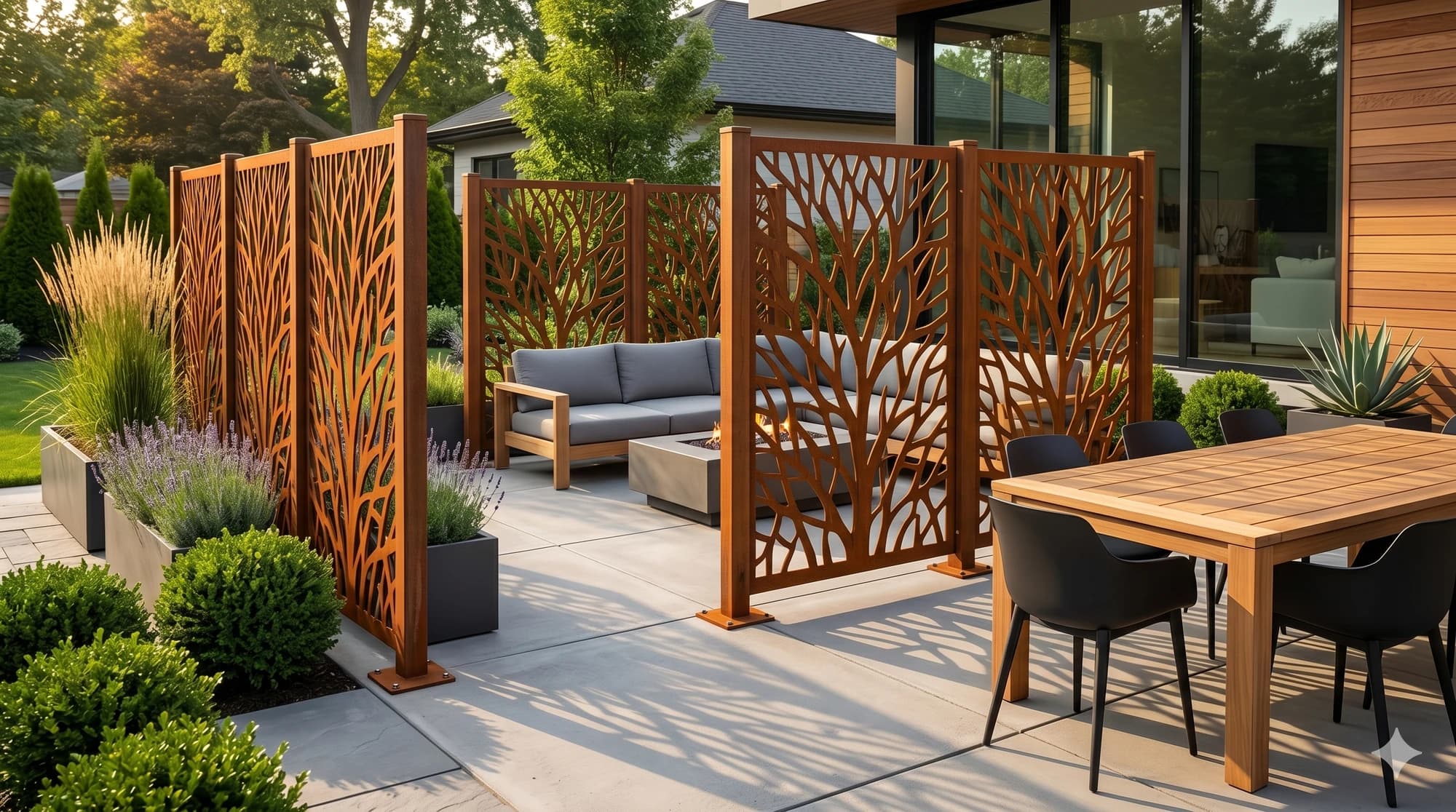 Freestanding decorative metal divider panels separating outdoor seating and dining zones.