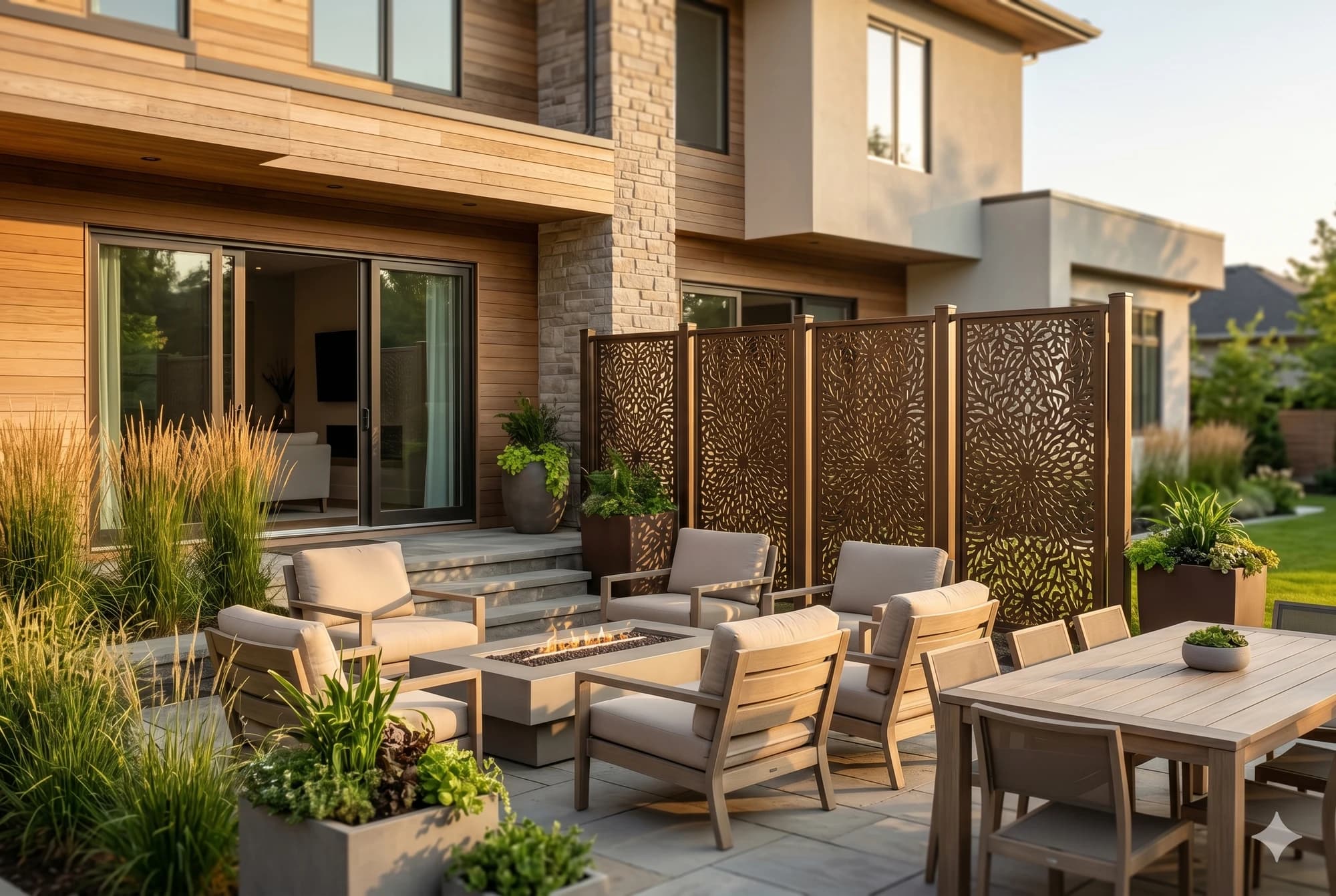 Decorative metal privacy screen panels framing a residential patio.